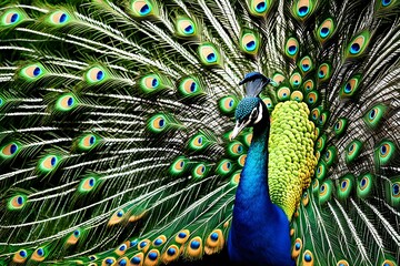 A majestic peacock with its feathers unfurled, displaying a kaleidoscope of colors. beautiful bird, ideal for beauty and nature. generative ai - obrazy, fototapety, plakaty