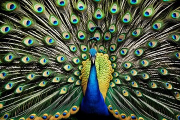 Obraz premium A majestic peacock with its feathers unfurled, displaying a kaleidoscope of colors. beautiful bird, ideal for beauty and nature. generative ai