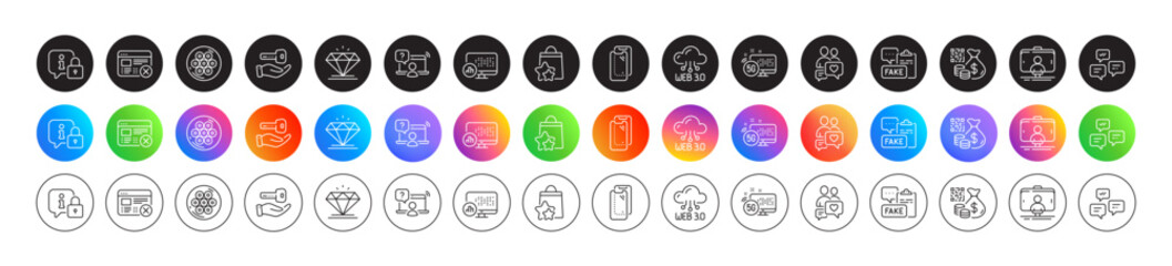 Diamond, Smartphone glass and Reject web line icons. Round icon gradient buttons. Pack of Selfie stick, Web3, Chat messages icon. Cable section, Qr code, Lock pictogram. Vector