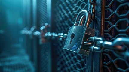 Network security concept with padlocks and chains around server racks