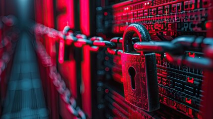Network security concept with padlocks and chains around server racks