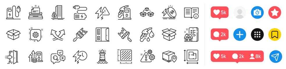 Energy price, Charging station and Floor plan line icons pack. Social media icons. Entrance, Buildings, Lighthouse web icon. Battery, Property agency, Typewriter pictogram. Vector
