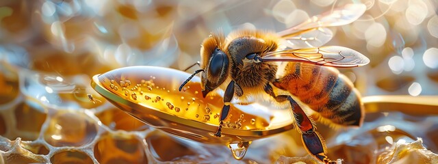 Capture a photorealistic long shot of a vibrant bee delicately perched on a golden honey spoon, glinting under the sunlight in oil painting