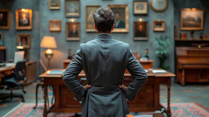 A man in a suit stands in front of his office proud of his achievements.