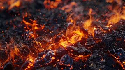 Fototapeta na wymiar Embers, smoldering fire, close up photo of burning coal or charcoal. Volcano magma