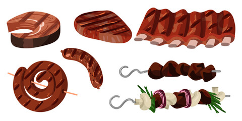 Set of grilled meat products. Sliced strips of juicy beef or pork meat, grilled, grilled shish kebab. A ready-made dish for a restaurant, a menu for a cafe, a banner with a place to copy on a white