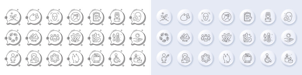 Leaf, Salad and Grow plant line icons. White pin 3d buttons, chat bubbles icons. Pack of Sun protection, Stress, Collagen skin icon. Difficult stress, Face detection, Health skin pictogram. Vector