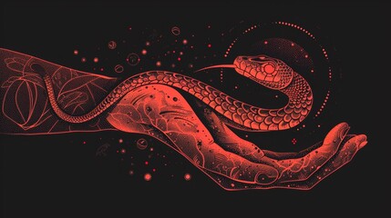Modern illustration of a snake tattoo with a pattern of eyes on the skin and on a woman's hand. Concept of Bible Temptation By Serpent Illustration.