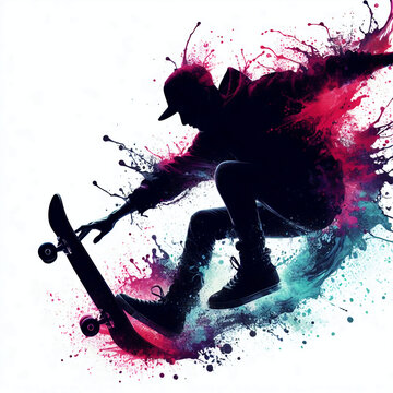 silhouette of skater skating with colorful splashing paint	