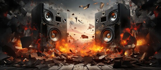 Powerful audio speakers shatter concrete walls. Blast holes, fire and debris. Metal and loud music audio concept. - obrazy, fototapety, plakaty