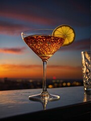 This cocktail glass adorned with a lemon slice beautifully contrasts the urban sunset backdrop - obrazy, fototapety, plakaty