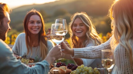 Obraz premium Friends Toasting Wine at Sunset