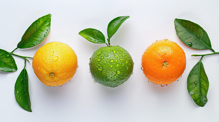 citrus fruits lemons and oranges with leaves - obrazy, fototapety, plakaty