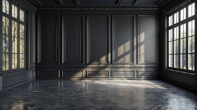 black classic wall panel in the empty room interior for background