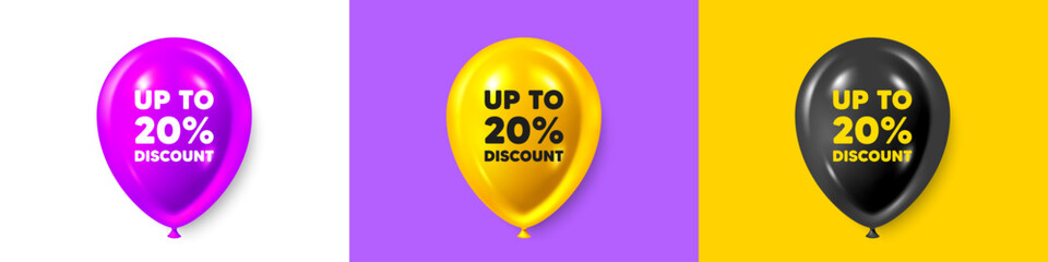 Birthday balloons 3d icons. Up to 20 percent discount. Sale offer price sign. Special offer symbol. Save 20 percentages. Discount tag text message. Party balloon banners with text. Vector