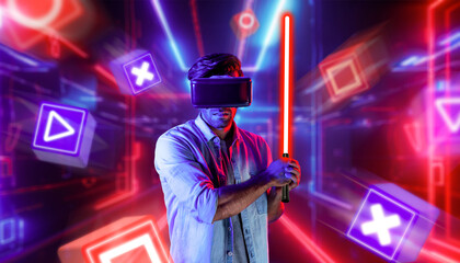 Energetic man with VR glasses fencing neon sword with music block. Skilled person playing a game while holding sword and enter in metaverse with neon city background. Blurring background. Deviation.