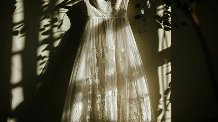 Silhouette of a Vintage Wedding Gown Bathed in Ethereal Sunlight Evoking a Timeless and Romantic Ambiance