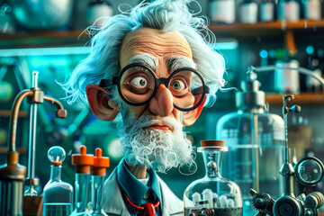 Caricature of a Mad Scientist.  Generated Image.  A digital rendering of a cartoon caricature of a mad scientist in his laboratory. - obrazy, fototapety, plakaty