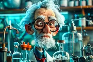 Fotobehang Caricature of a Mad Scientist.  Generated Image.  A digital rendering of a cartoon caricature of a mad scientist in his laboratory. © lutjo1953