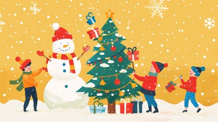 A flat style illustration of children decorating a Christmas tree with a giant snowman on a snowy yellow background.