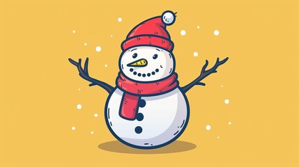 A hand-drawn snowman with a red muffler, hat and branch arms reaches out onto a yellow background in flat style.