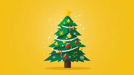 This is a flat style illustration of a fully decorated Christmas tree on a yellow background.