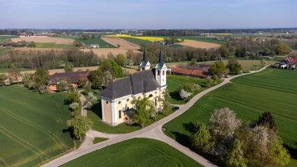 Heiligenkreuz , Upper Austria, Austria - 04.13.2024: church of Heiligenkreuz in Upper Austria, aerial photography