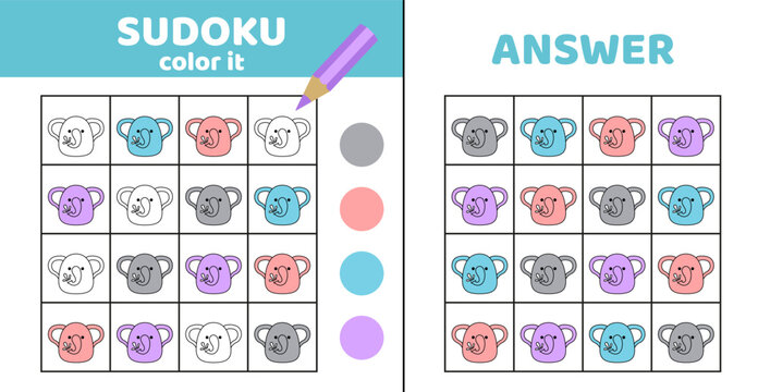 Sudoku. Elephant. Coloring sudoku with cute elephant. Squishmallow. Cartoon