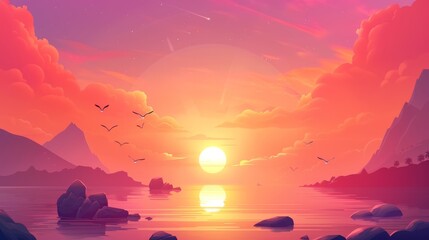 From ship deck, sunset in the sea. Pictorial landscape with flying gulls in the sky, shining sun going down over rocks and calm water surface. Cartoon modern background.