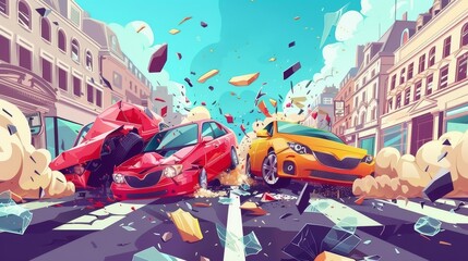 Banner with cartoon illustration of car accident on city street. Modern landing page with cartoon illustration of broken vehicles after collision with smoke and glass pieces.