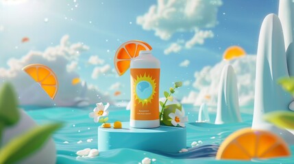 Illustration of sunblock product display on podium floating in water under a good weather. 3D summer sunscreen tube ad banner.