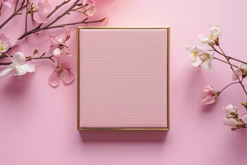 A pink background with a pink frame and cherry blossoms.