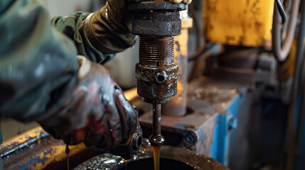 The old, used transmission oil can then drain out of the oil pan flange after the auto mechanic loosens the automatic transmission oil drain plug. - obrazy, fototapety, plakaty