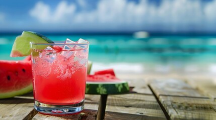 Refreshing summer drink with watermelon and ice in a glass on a wooden table on beach background