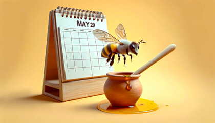 Cheerful Bee Flying Near Calendar and honey pot on yellow background. May 20, World bee day concept
