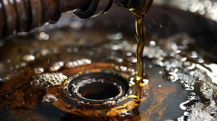 The old, used transmission oil can then drain out of the oil pan flange after the auto mechanic loosens the automatic transmission oil drain plug. - obrazy, fototapety, plakaty