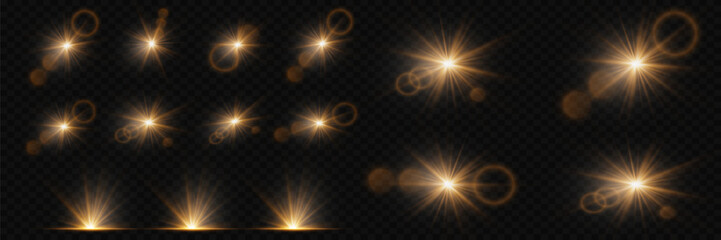 Shining lights and stars. Light flashes and light reflections. On a transparent background. Vector eps 10 - obrazy, fototapety, plakaty