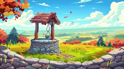 This is a parallax background for a game, showing an old stone well with drinking water on a hill with farm fields all around. It is a late autumn 2D landscape with an old rural well and bucket on - obrazy, fototapety, plakaty