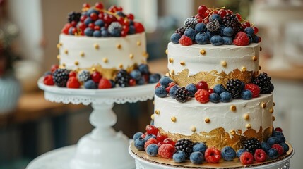 Exquisite Tiered Wedding Cakes Adorned with Fresh Berries and Gold Leaf Showcasing Luxurious Desserts