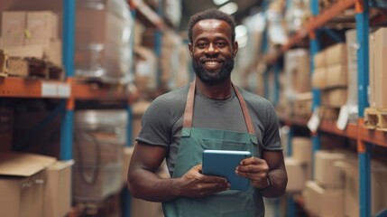 Smiling Warehouse Employee with Tablet