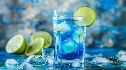 Refreshing blue drink or cocktail with ice, garnished with a slice of lime