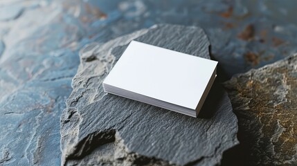 Blank business card with backdrop of boulders. Business Stationery & Branding Mock up. Desk of a creative designer. Flat lay. Copy space for text. 
