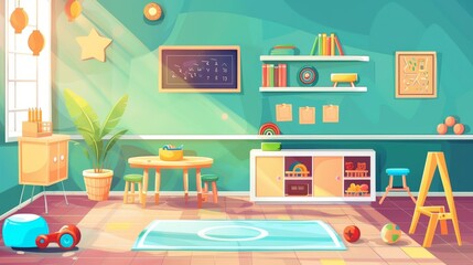 An animated parallax background for a kids playroom with montessori toys, furniture, shelves, and equipment for games and studies. Modern illustration for game animation.