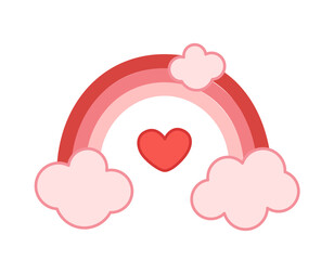 Red rainbow with heart and pink clouds. Valentines day. Cartoon, vector