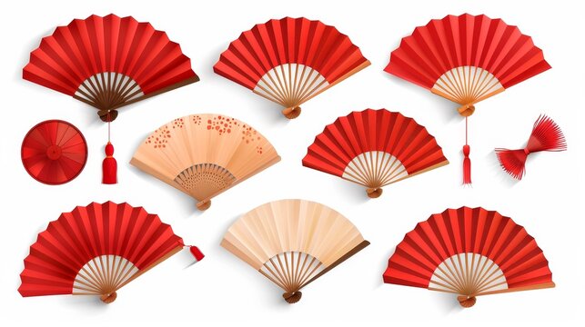 Modern realistic set of open and closed red Japanese fans, traditional asian or spanish folding souvenirs with tassels isolated on white.