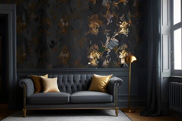 Grey lounge with patterned cushion in real photo of dark living room interior with floral wallpaper, molding on wall and gold lamp Generative AI