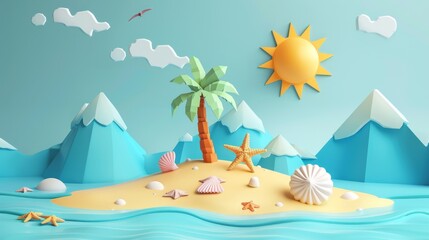 Fototapeta na wymiar Papercut style sun and mountains in the background. Small island illustration with a palm tree, seashells, starfish, and a beach ball.