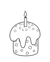 Coloring page plate with Easter cake and burning candle. Black and white Easter cake. Vector