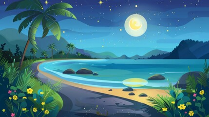 Fototapeta na wymiar Tropical landscape with highway and ocean shore with grass, flowers, and mountains at night with palm trees, rocks and water. Modern cartoon illustration.