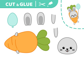 Cut and glue. Hare in carrot suit and balloon. Applique. Paper game. Vector
